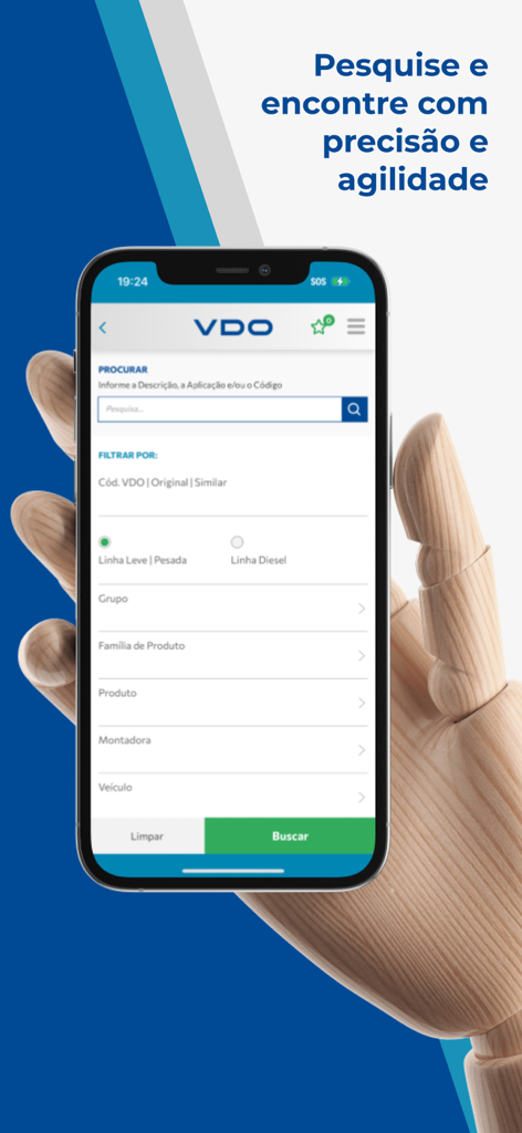 Smartphone zeigt die Such- und Filteroberfläche der VDO Catálogo App für Autoteile.