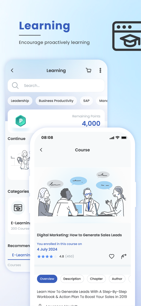Interfaz de la aplicación Workplaze que muestra módulos de aprendizaje para empleados y detalles de un curso de marketing digital