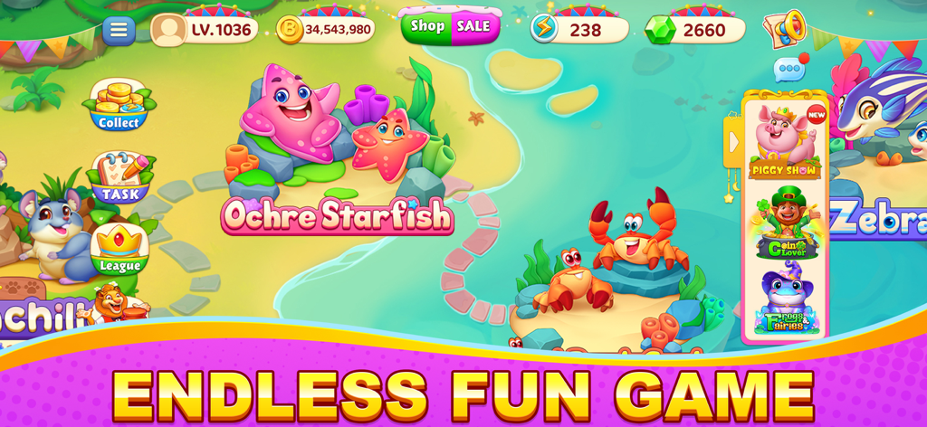 Bingo Wild-Classic Bingo Games - Main world map interface of Bingo Wild game featuring cartoon sea animals and colorful game levels