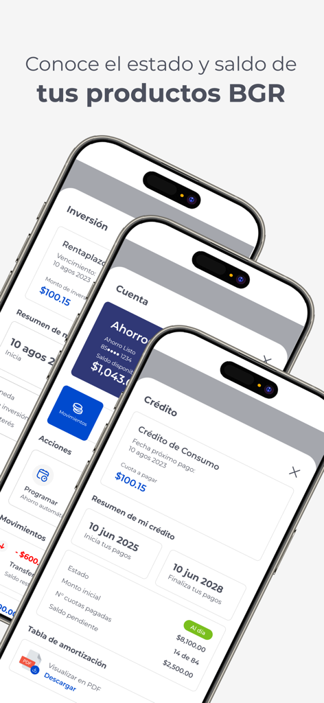 BGR Digital - Tres smartphones mostrando las interfaces de la aplicación BGR Digital para cuentas de inversión y servicios de crédito