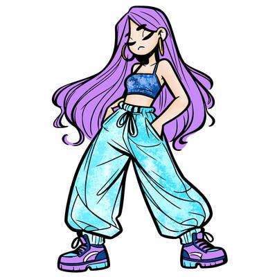 girl in baggy pants crop top and long hair