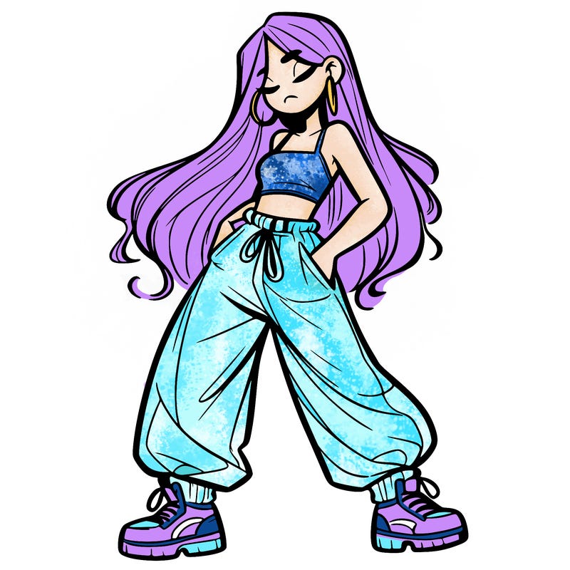 girl in baggy pants crop top and long hair