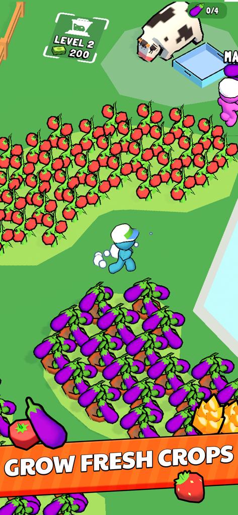 Un personaje cosechando tomates y berenjenas frescos en el juego móvil Mi Mini Súper.