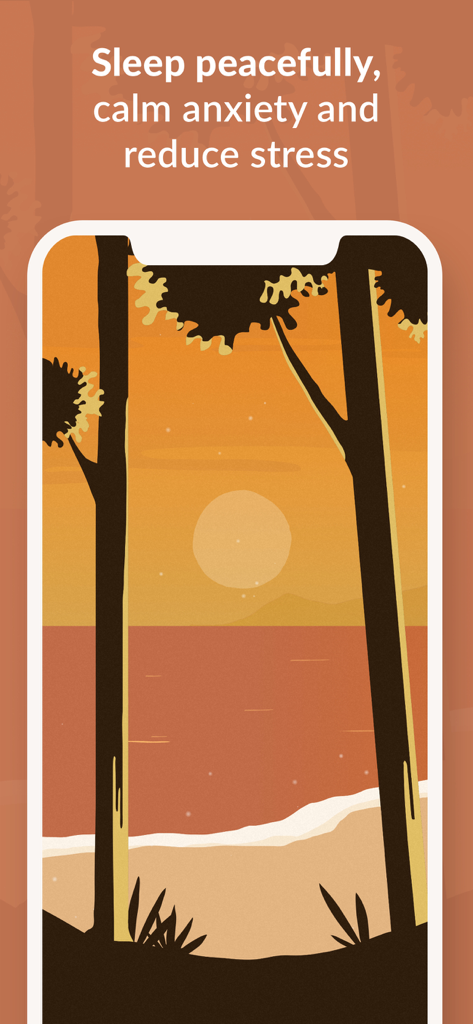 Wild Journey - Nature Sounds - Atardecer ilustrado en una playa visto a través de árboles con texto para aliviar el sueño y el estrés