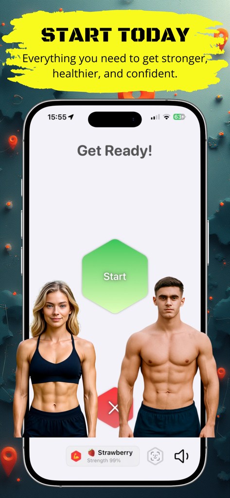 Una pantalla de aplicación de fitness que muestra avatares atléticos masculinos y femeninos con un botón verde de inicio y el texto Prepárate