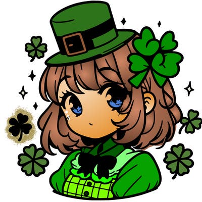 a manga-style girl with clovers around her, a little hat in her hair, like it's saint patrick's day