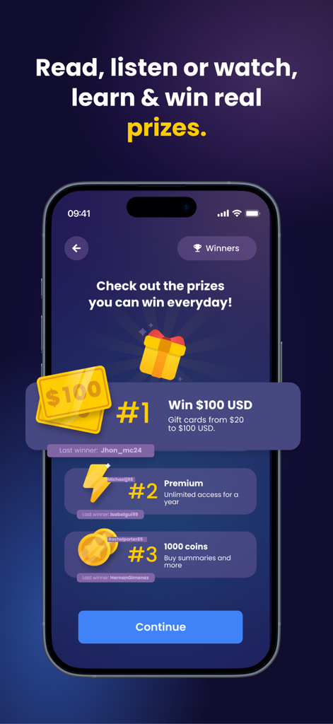 Bookster: Books in 15 Minutes - A mobile phone screen from the Bookster app showing a list of daily prizes including gift cards, premium access, and virtual coins.