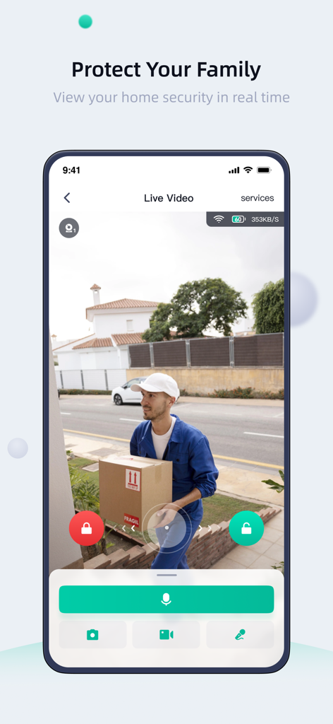 Xhome - Xhome app interface showing a live security camera feed of a delivery person outside a home