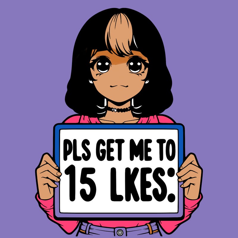 realistic girl holding up a sign that says “pls get me to 15 likes!”