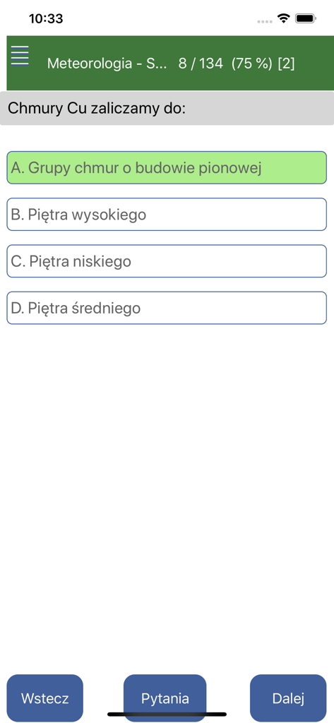 Mobile app interface showing a meteorology quiz question for the Polish pilot license exam with the correct answer highlighted in green.