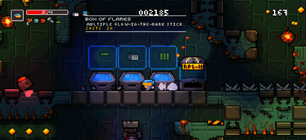 Jugabilidad de Meganoid Remaster mostrando un personaje de pixel art seleccionando ítems en una tienda de la nave espacial