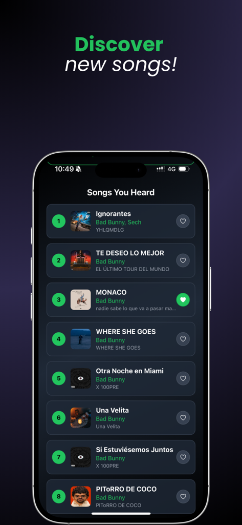Spotiguess app interface showing a list of songs played during a quiz to help users discover new music