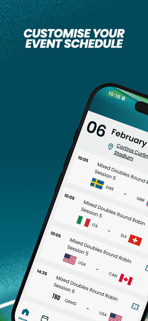 A smartphone displaying the Olympic Games app event schedule for the Milano Cortina 2026 Winter Olympics showing curling matches