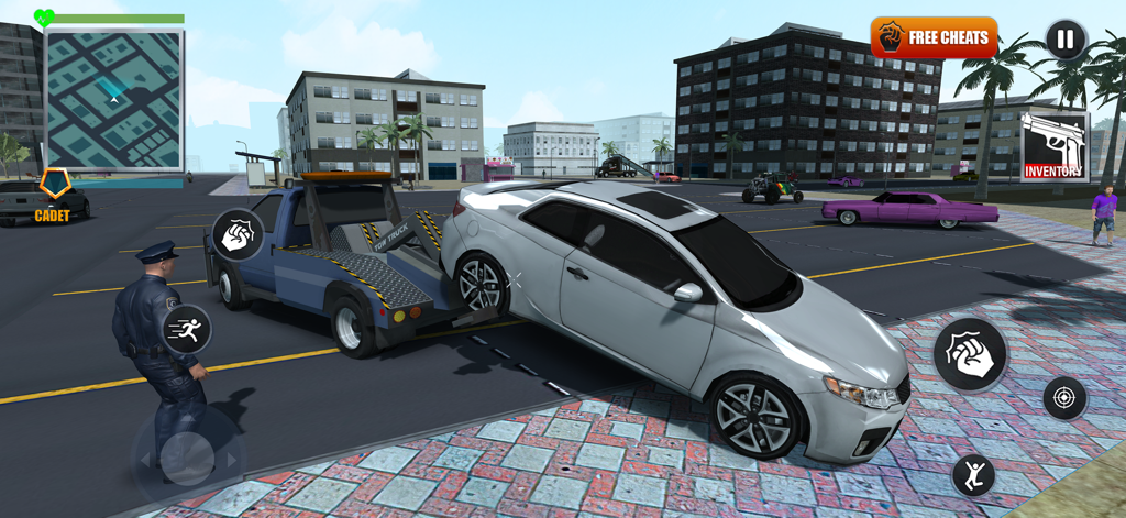 Police Simulator 2: Open World - A police officer standing next to a blue tow truck lifting a silver car in an open world city environment.