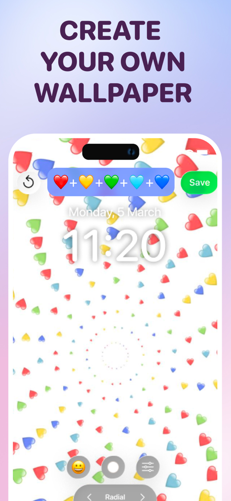 Widget & Wallpaper: Widgetmoji - 방사형 디자인에 하트 아이콘이 있는 맞춤 이모지 배경화면 생성용 사용자 인터페이스