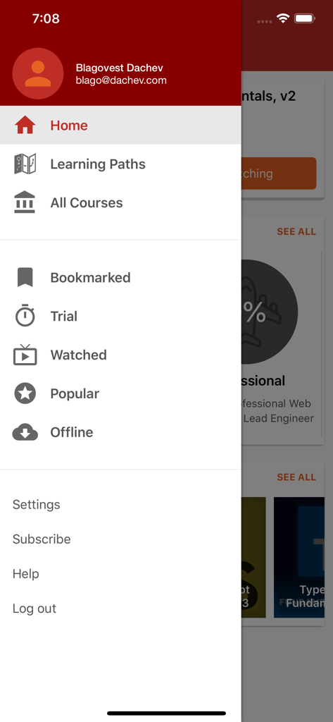 Frontend Masters mobile app sidebar navigation menu showing learning paths and offline access options