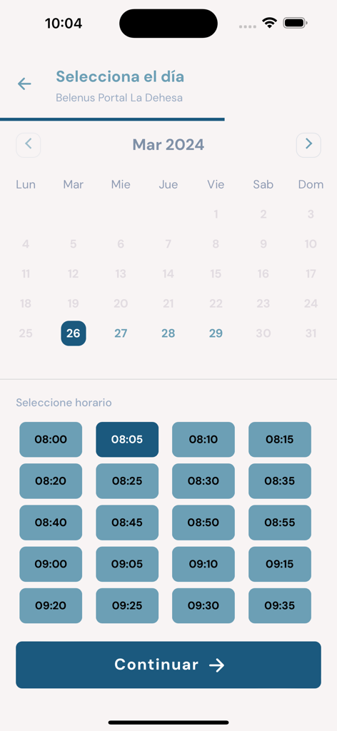 Belenus - Belenus mobile app interface for scheduling a skincare treatment appointment