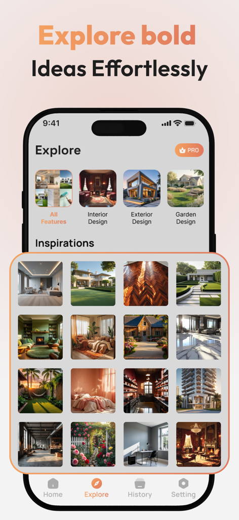 HomeAura: AI Interior Design - Tela de exploração do aplicativo HomeAura com uma grade de inspirações de design de interiores e exteriores geradas por IA
