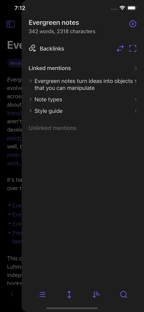 Obsidian mobile app displaying backlinks and linked mentions for a note titled Evergreen notes
