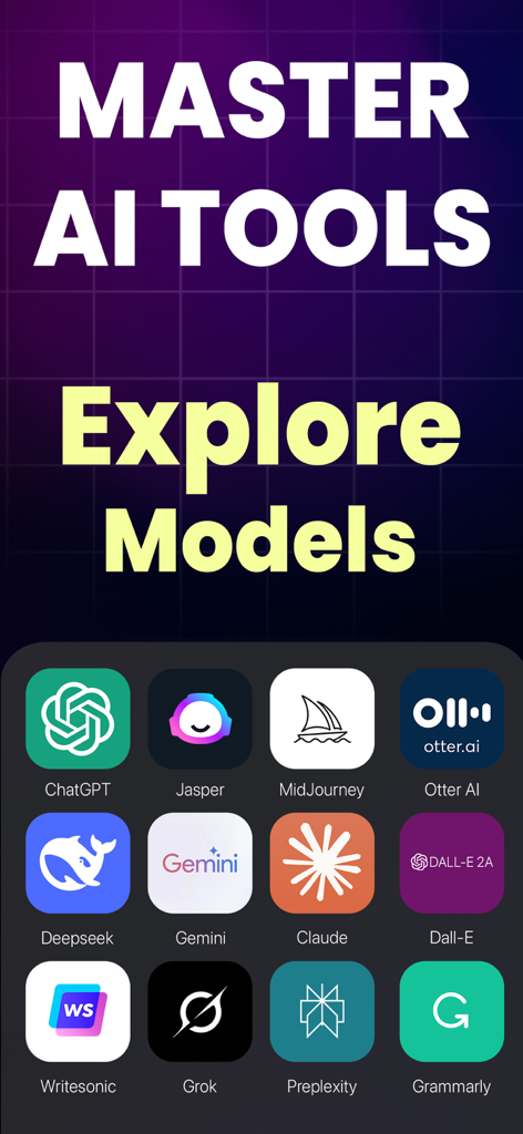 Ein Bildschirm aus der Courzy-App, der eine Liste von KI-Tools zum Erlernen zeigt, darunter ChatGPT, Midjourney und Gemini