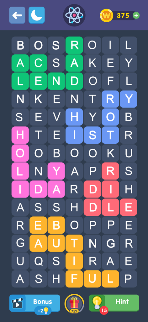 Uno screenshot del gameplay di Fillwords Word Search Puzzle che mostra una griglia di lettere con più parole evidenziate in colori vivaci su uno sfondo scuro.