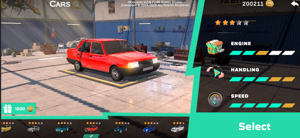 Hooligan 자동차 개조 게임 차고에서 성능 통계를 보여주는 빨간색 자동차 선택 화면