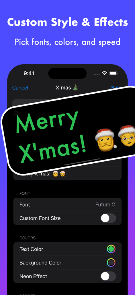 LED Banner • Marquee • Prompt - Interfaz para personalizar fuentes, colores y efectos de neón en la app LED Banner mostrando una vista previa de un letrero de Feliz Navidad