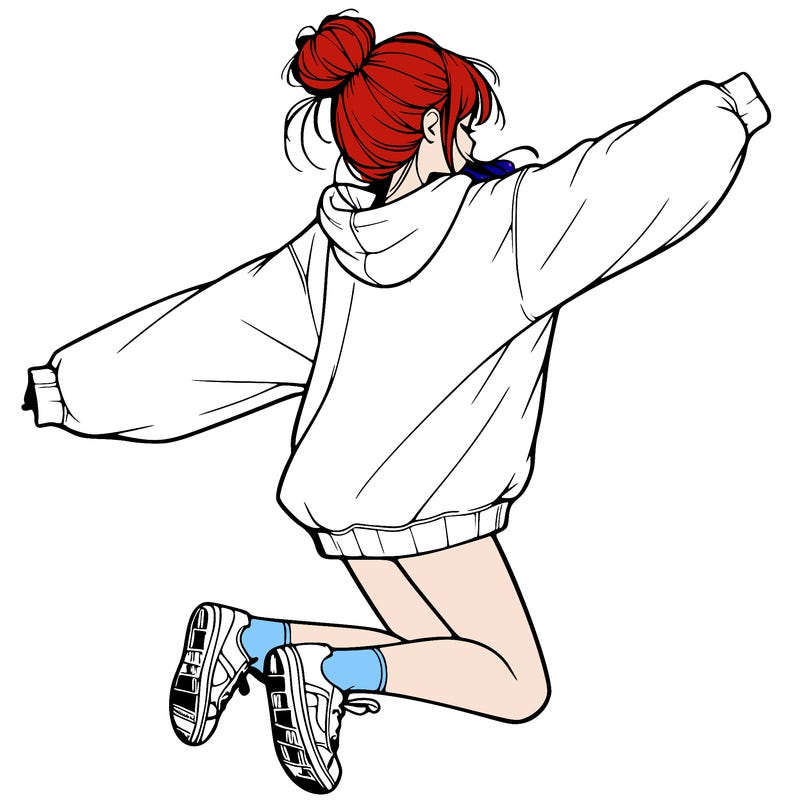 realistic girl jumping with a bun and oversized sweatshirt