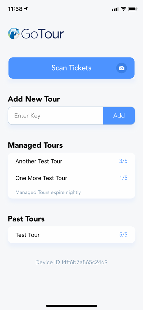 GoTour Excursions - GoTour Excursionsモバイルアプリのダッシュボード。スキャンチケットボタンと管理対象ツアーマニフェストが表示されています。