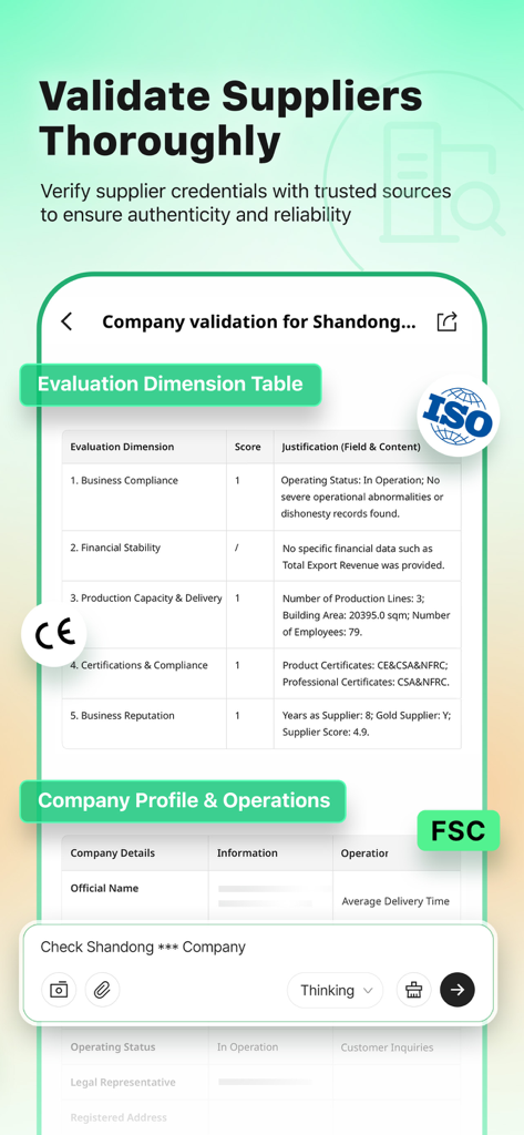 Accio app interface displaying a detailed company validation report with evaluation scores for business compliance and financial stability