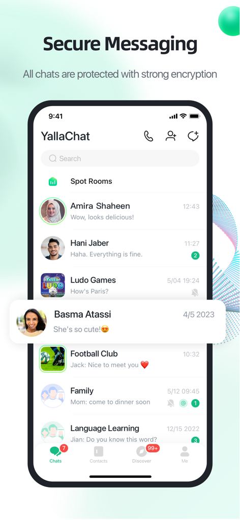 Interfaccia di YallaChat che mostra messaggistica crittografata sicura ed elenco chat