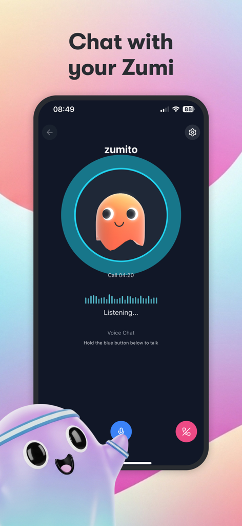 Interface of the Zumichat app showing a voice call with an AI character named Zumito