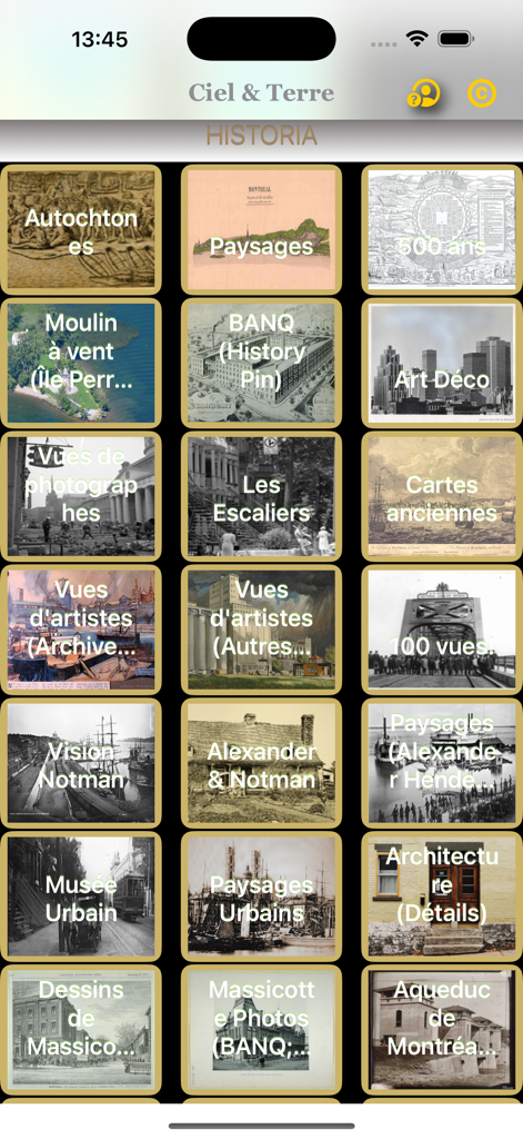 QuebecAir - Grid of historical photo collections in the QuebecAir app gallery