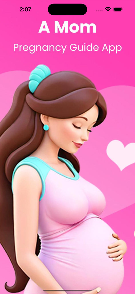 Pregnancy tracker & calculator - A Mom Pregnancy Guide App splash screen featuring a 3D illustration of a pregnant woman holding her belly