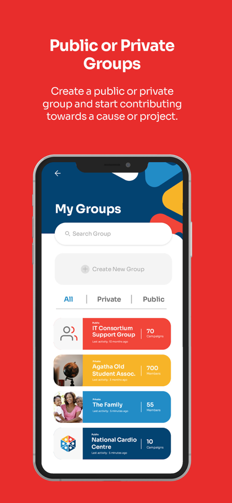 Chango - Groups & Crowdfunding - Écran d'application Chango montrant une liste de groupes de contribution privés et publics