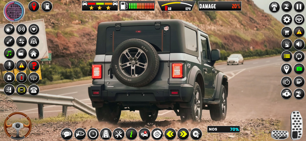 Offroad Jeep Driving Challange - Vista trasera de un jeep todoterreno 4x4 gris conduciendo por un camino de tierra con numerosos iconos de control de juego en la pantalla