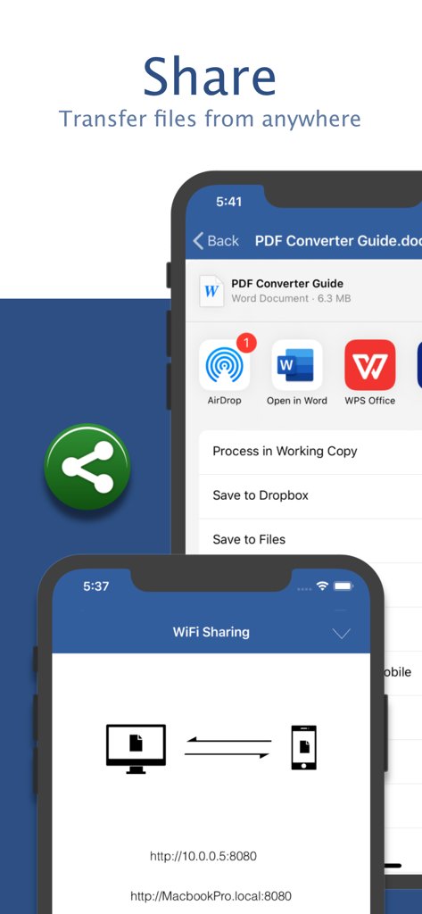 Interface of PDF to Word app showing file sharing options and WiFi transfer