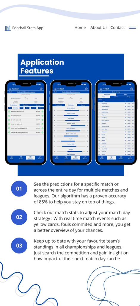 Football Stats - Predictions - Football stats app screens showing match predictions statistics and league standings
