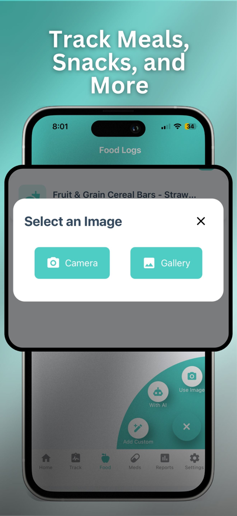 Poop Tracker - FlareCare AI - Pantalla del teléfono inteligente que muestra la selección de imágenes para el registro de alimentos en FlareCare AI