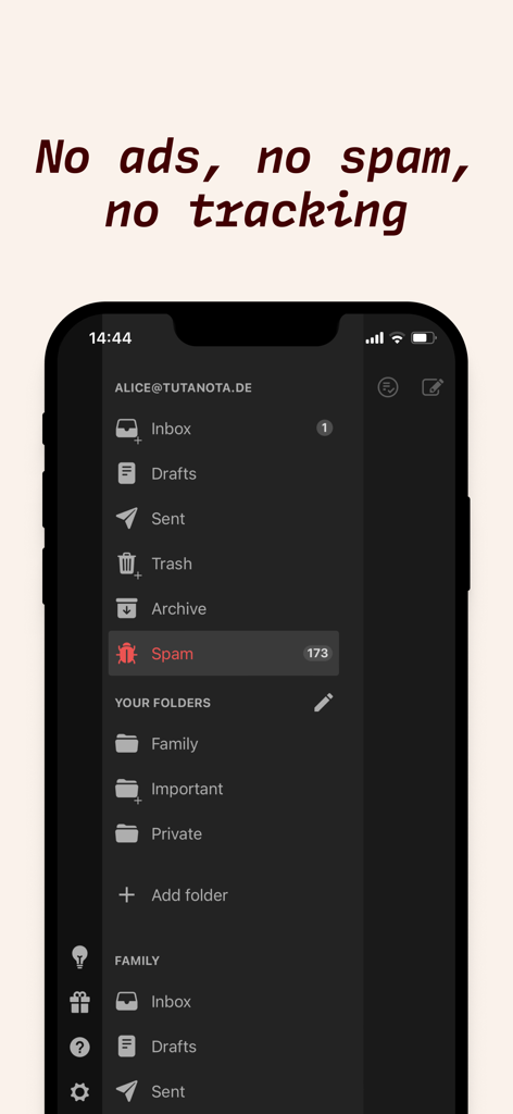 Tuta: Encrypted Private Email - Una schermata dello smartphone che visualizza il menu email di Tuta con cartelle private e un'intestazione che afferma Nessuna pubblicità nessun spam nessun tracciamento