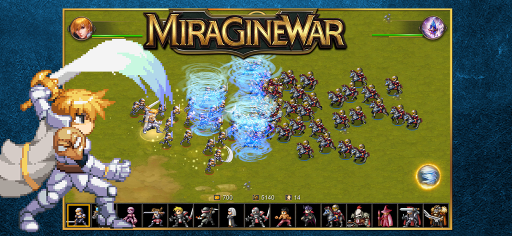 Jugabilidad de Miragine War con soldados pixel art y tornados mágicos en un campo de batalla