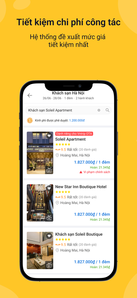 Vntrip TMS mobile app showing hotel booking options for business travelers
