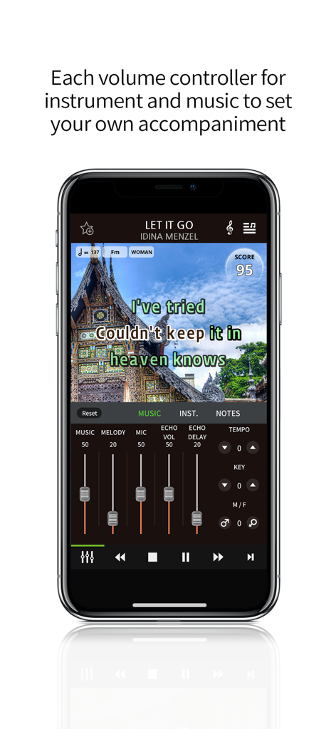 Magicsing Karaoke app interface showing volume sliders for instrument and music accompaniment