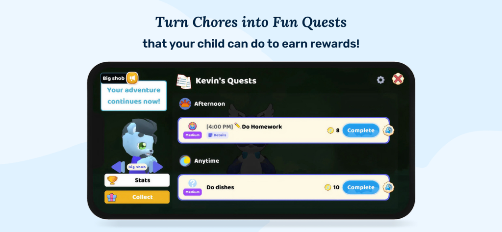 Joon Pet Game app interface showing a list of daily quests for kids like doing homework and dishes to earn rewards