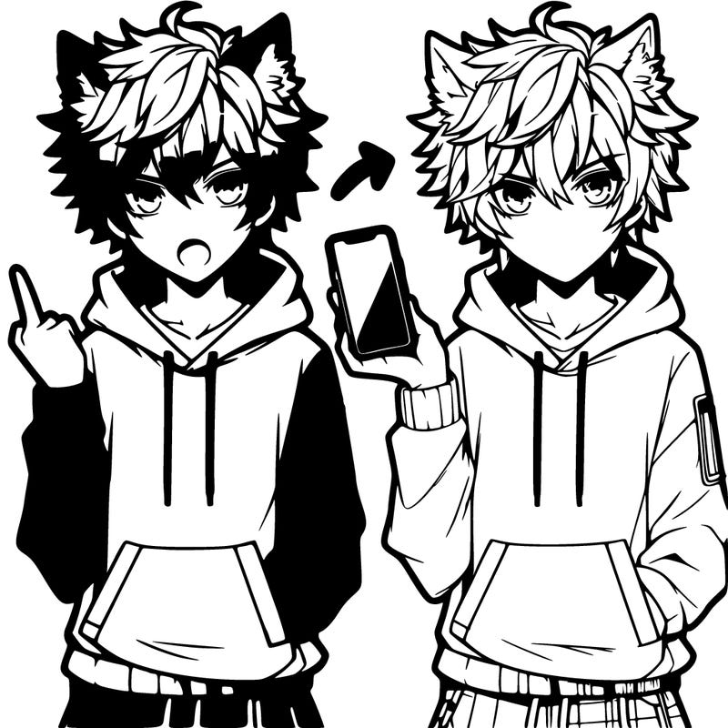 anime boy with fluffy messy hair styled in a wolf cut. wearing a hoodie and sweat pants while holding an iphone