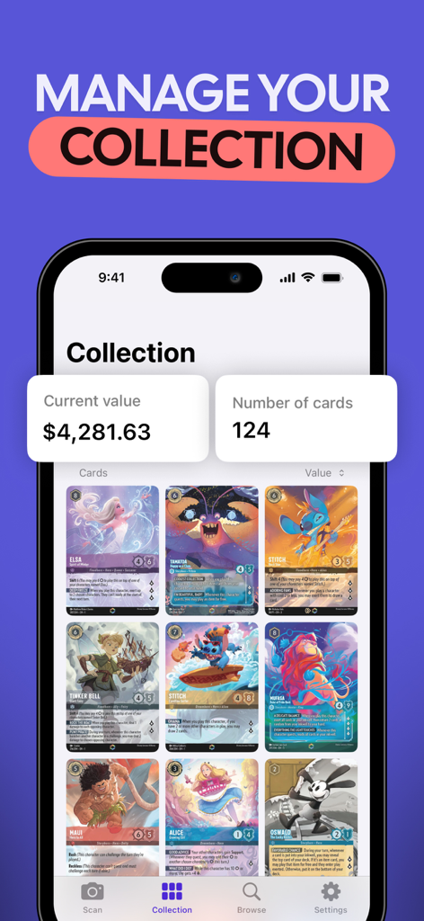 TCG Card Scanner for Lorcana - Mobile app screen showing a Lorcana card collection with total market value and card count
