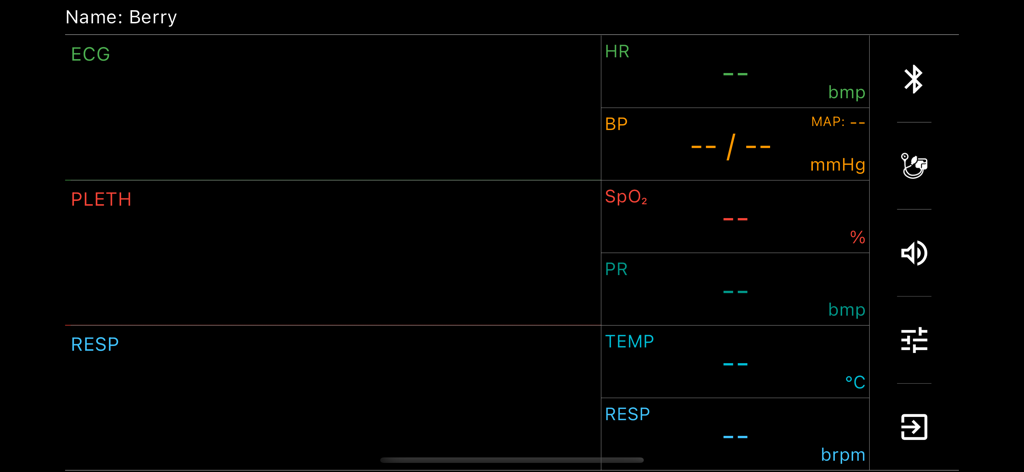 Panel de monitorización de salud de mascotas en tiempo real que muestra frecuencia cardíaca de ECG, presión arterial y niveles de oxígeno.