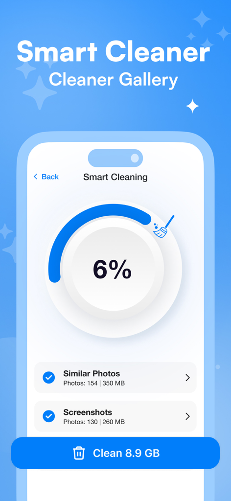 Dashboard Smart Cleaning dell'app iCleanup che mostra opzioni per eliminare foto simili e screenshot per liberare 8,9 GB di spazio