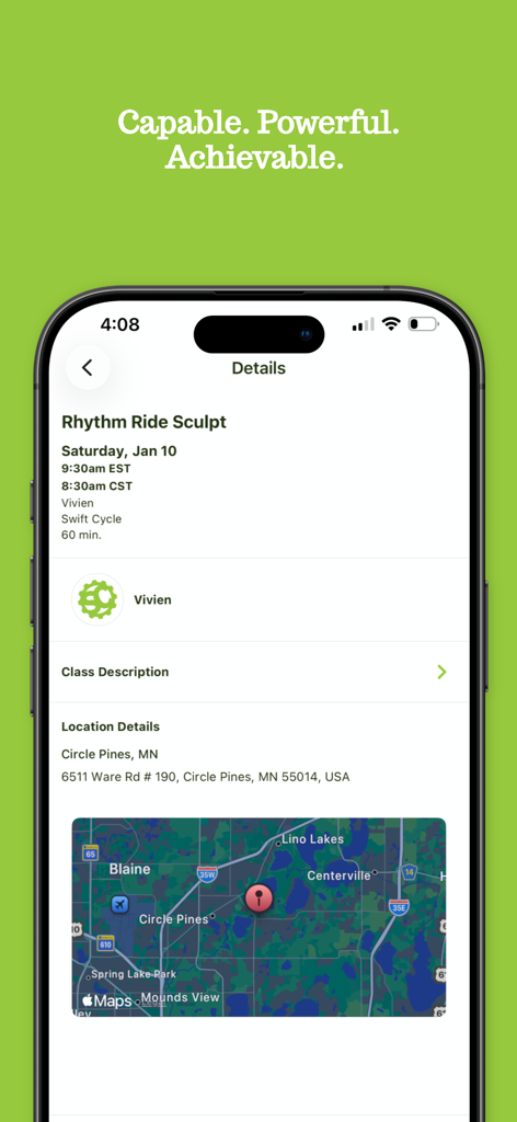 Swift Cycle Studio - Swift Cycle Studio App-Kursdetailseite mit Zeitplan für Rhythm Ride Sculpt und Standortkarte