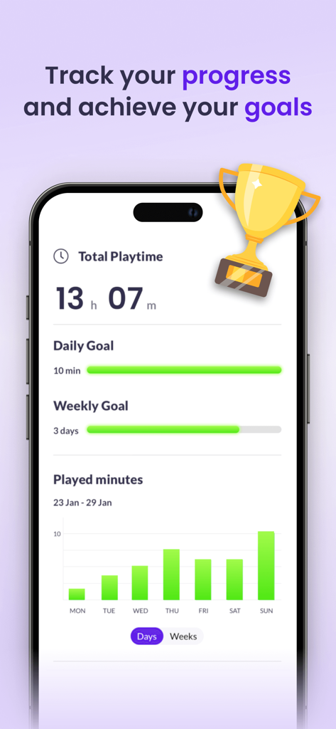 Dashboard for tracking music practice playtime and achievement goals